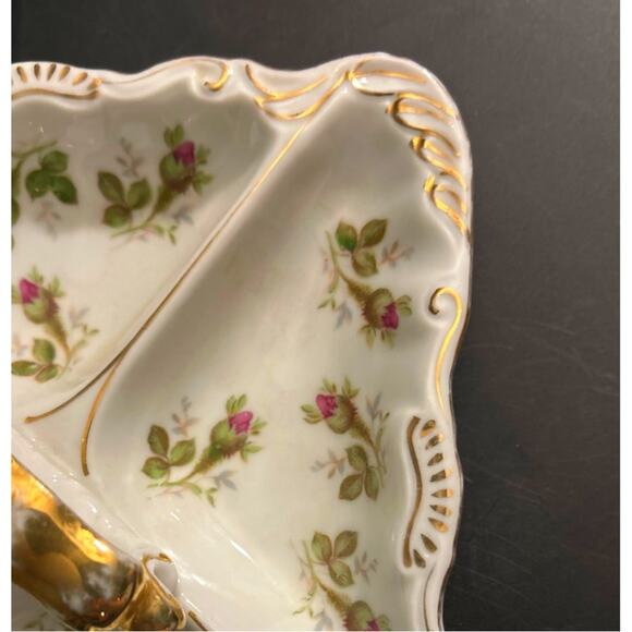 Norcrest Square Divided Rose Bud Gold Trim Serving Dish w Handle Marked - Picture 4 of 6